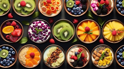  a table topped with bowls filled with different types of fruits and a bowl filled with berries and kiwis.