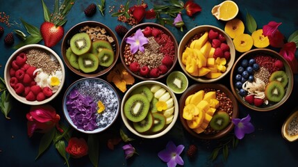  a group of bowls filled with different types of fruit and veggies on top of a blue table cloth.