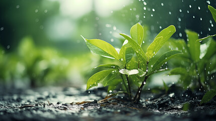 Lush rainforest under a rain shower with sunlight peeping through