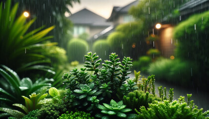 Fresh rain on a vibrant garden with houses in the background