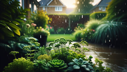 Fresh rain on a suburban garden with blurred houses in the background - obrazy, fototapety, plakaty