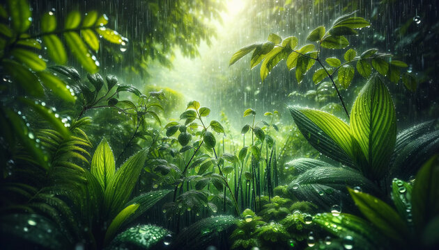 Dense foliage in a rainforest with radiant light beams