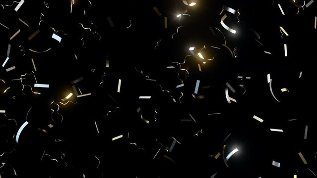 Golden flickering confetti party popper falling on black background, 4K greeting holiday animated wallpaper