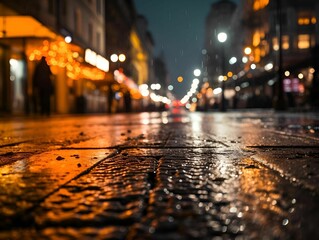 a wet sidewalk at night in front of the lights of a store