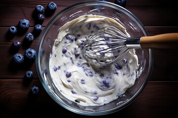 Blueberry muffin batter in a mixing bowl with a whisk