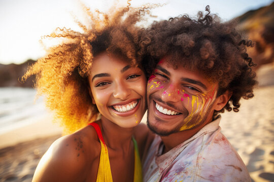 a young Latin couple hugging each other on the beach, with their faces painted, concept of mixing races, multicultural authenticity, brazilian couple.