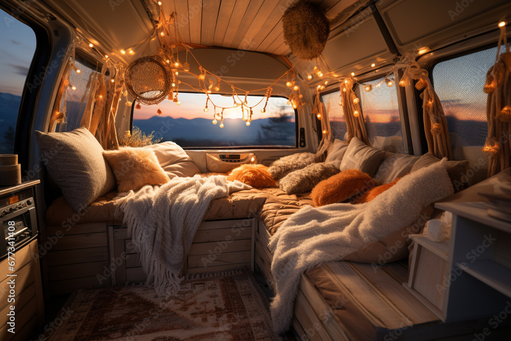 Aufkleber Cozy van interior illuminated with warm lights background with empty space for text 