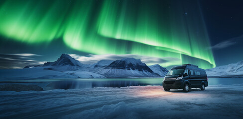Magical Aurora Borealis display over winter van background with empty space for text 