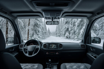 Crisp winter forest seen from vans interior background with empty space for text 