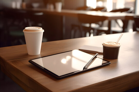 Coffee cup and tablet on wooden table in coffee shop.