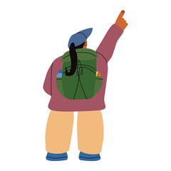 A dark-skinned female tourist points her finger upwards, standing with her back to the viewer. The woman is wearing pastel-colored clothes, a cap, a backpack and provisions. 