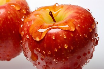 Red apple with drops of honey on a white background close-up - obrazy, fototapety, plakaty