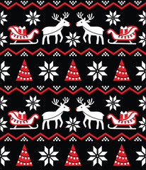 Christmas sleigh and reindeer on snowflakes background. Winter seamless pattern. © olgdesigner