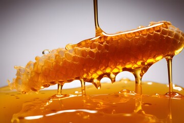 Fresh honey dripping from a honeycombs on a white background.