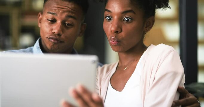 Couple, tablet and selfie or funny, home and connection on technology, face and joke for comedy. Happy black people, internet and crazy photography or smile, digital and mobile app or goofy humor