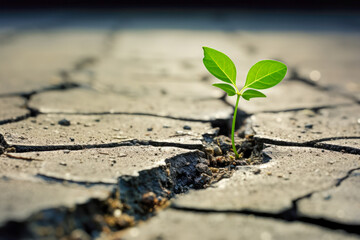 Green sprout growing from crack on cement floor with city background.
