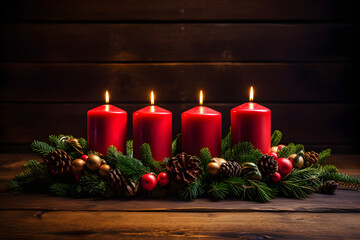 Obraz na płótnie Canvas Four red burning candles for german advent season. Christmas wreath decoration on dark wooden background.