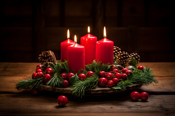 Naklejka na ściany i meble Four red burning candles for german advent season. Christmas wreath decoration on dark background.