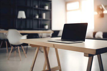 Laptop on wooden table in modern office. Mock up. 3D Rendering