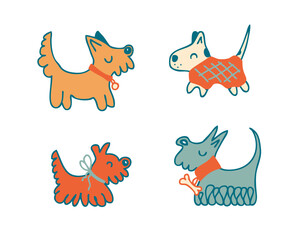 Fototapeta premium Doodle vector graphic clipart with dressed dogs, in coats and collars. Hand drawn cartoon animals collection. Perfect for tee, poster, card, sticker.