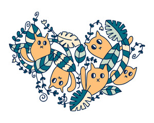 Heart shaped doodle pattern with cute cats in the rainforest. Love for pets concept. Pastel delicate colors. Hand drawn vector illustration for any purpose.