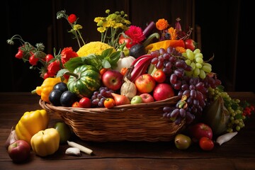 Bountiful summer harvest basket overflowing with produce