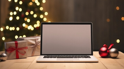 Laptop with blank screen on wooden desk with christmas tree background.