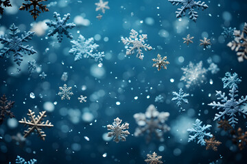 Christmas falling snowflakes, winter snow pattern, graphic resource on the dark navy blue background.