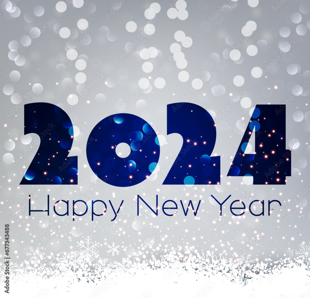 Poster new year 2024 numbers on bright silver textured background with light defocused particles and snow.