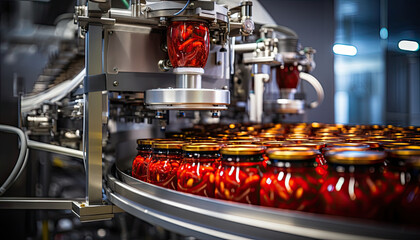 Canning of chili sauce.