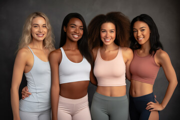 Multiple women in sportswear. Multicultural fitness group. 