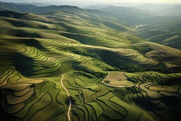 Birds-eye view of hills with agricultural patterns, showing human influence without direct presence