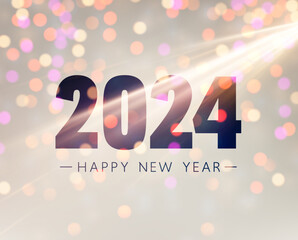 New Year 2024 color gradient background with beautiful sun rays and blurred yellow round lights.