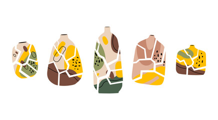 Vector set of broken vases of various shapes. Ceramic tableware hand drawn. Isolated design on a white background.