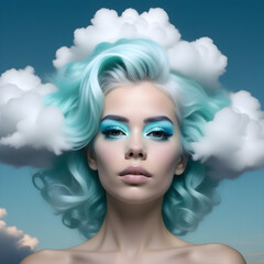 A beautiful fantasy sky queen with sky clouds hair