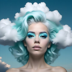 Fototapeta premium A beautiful fantasy sky queen with sky clouds hair