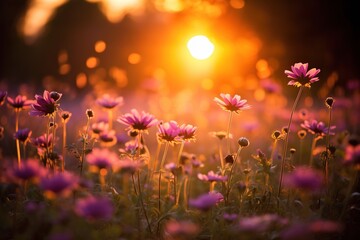 Fototapeta na wymiar Backlit wildflower field at golden hour, casting a warm, dreamy glow