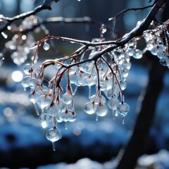 snow covered branches of a tree with ice droplets, generative ai 