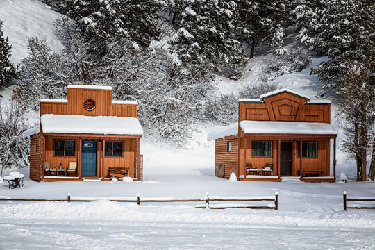 Winter scene of vacation cabins along Frying Pan River