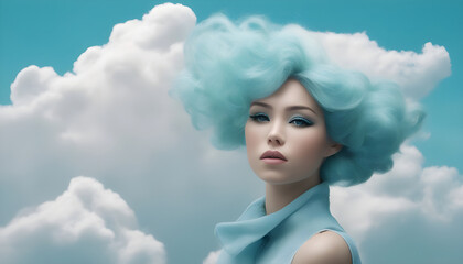 A beautiful fantasy sky queen with sky clouds hair