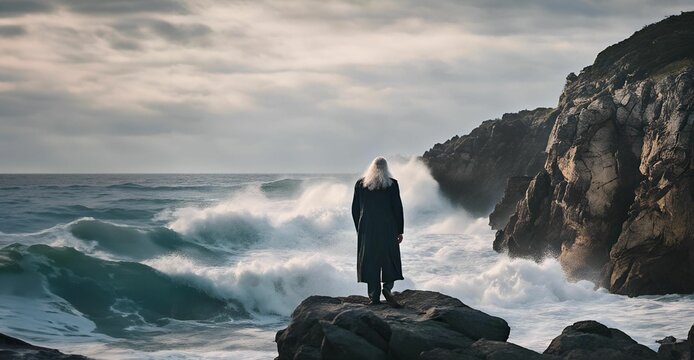 a man with long white hair standing on a rocky beach in front of a crashing