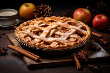 Classic apple pie with a whole apple and cinnamon sticks nearby