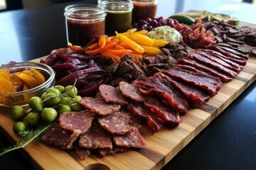 Charcuterie board with exotic jerky varieties