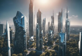 Futuristic Metaverse City: Aerial View of Sunlit Parametric Buildings