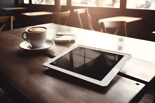 Tablet pc and coffee cup on wooden table in coffee shop.