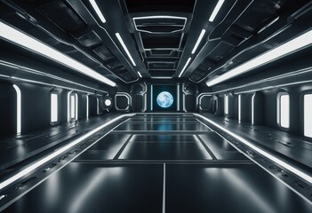 Empty futuristic space ship deck background for theater stage scene