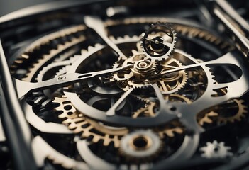 Fototapeta na wymiar Gears and cogs in clockwork watch mechanism Craft and precision - elegant detailed stainless steel 