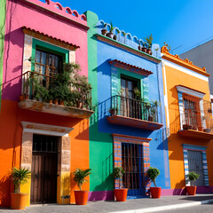 Colorful facades of houses in the city of Cartagena. Colombia