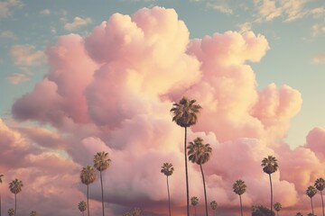 Cotton candy clouds drifting past palms