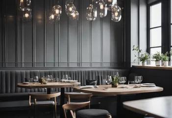 Keuken spatwand met foto Interior of a Modern Scandi-Style Restaurant with Gray Wainscoting Walls © FrameFinesse